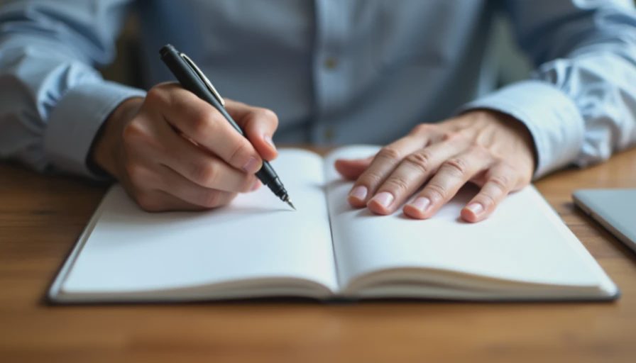Close-up of hands checking off a completed item in a practical paper notebook on a clean wooden desk, emphasizing execution.