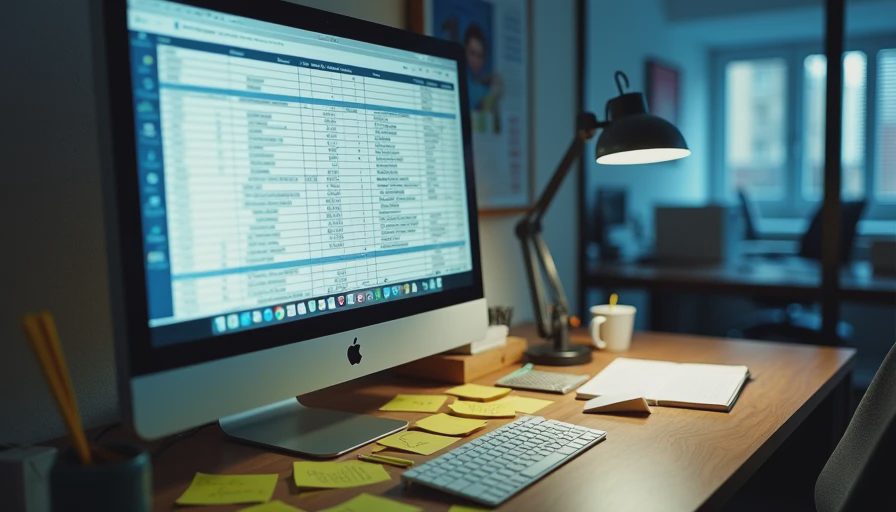 A computer screen displaying a crowded spreadsheet on a busy office desk with scattered sticky notes.