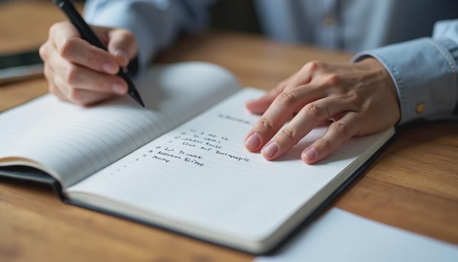 Close-up of hands writing clear next steps in a practical paper notebook on a clean wooden desk, emphasizing efficient action.
