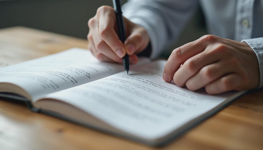 Close-up of hands editing notes in a practical paper notebook on a clean wooden desk, emphasizing personal review and execution.