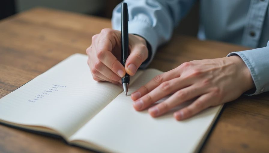 Close-up of hands writing key weekly priorities in a practical paper notebook on a clean wooden desk, emphasizing execution.