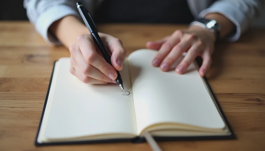 Close-up of hands checking off a completed task in a practical paper notebook on a clean wooden desk, emphasizing execution.