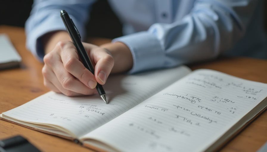 Close-up of hands writing weekly review notes in a practical paper notebook on a clean wooden desk, emphasizing execution.