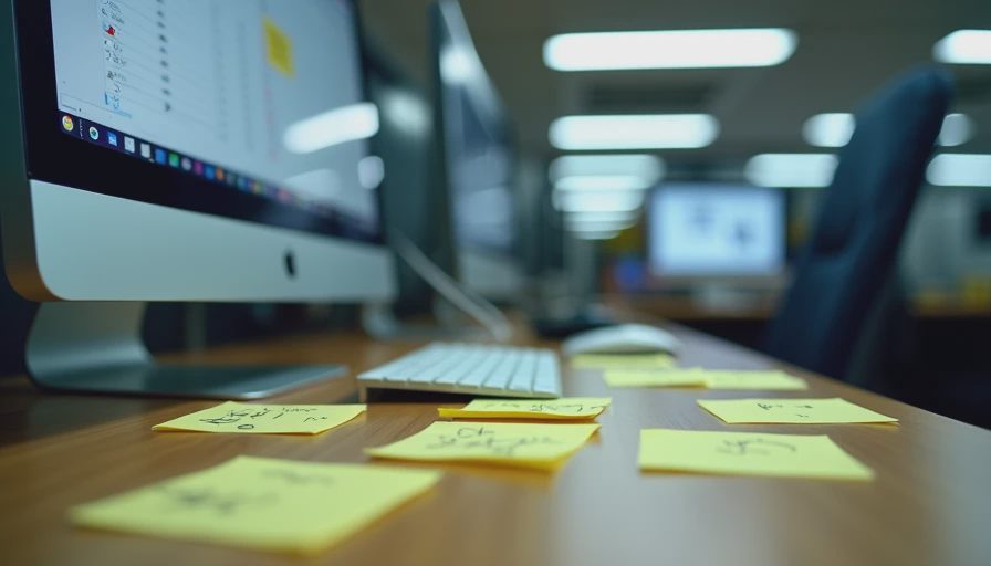 A computer screen displaying a large, slow-loading Notion database table on a busy office desk with scattered sticky notes.